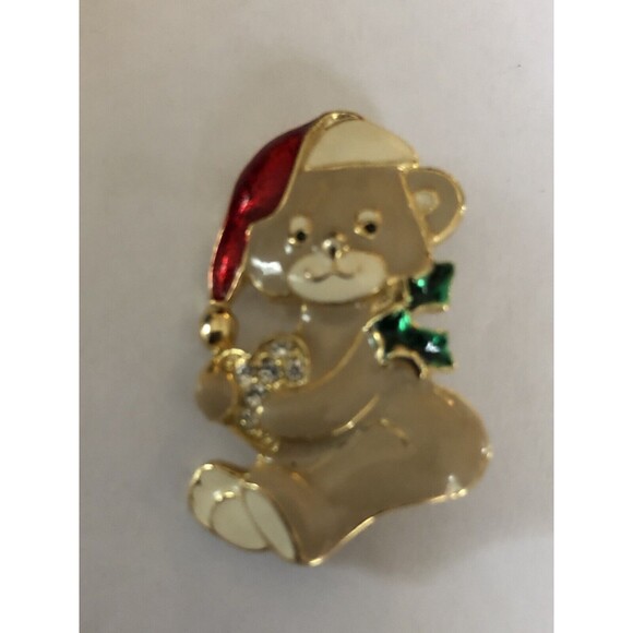 Vintage signed SFJ Christmas Teddy Bear Brooch/Pin Rhinestone & Enamel EC - Picture 5 of 6